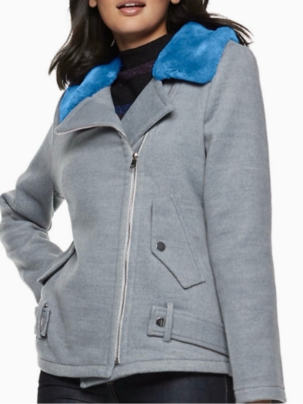 Nine West Heather Gray Moto Style Jacket with Vibrant Blue Faux-Fur Collar XS